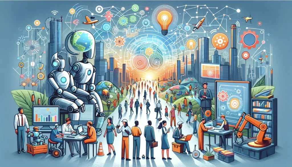 Best AI Tools in 2026 illustrating a futuristic city where humans and robots collaborate using artificial intelligence, automation, smart machines, data analytics, and digital innovation across industries