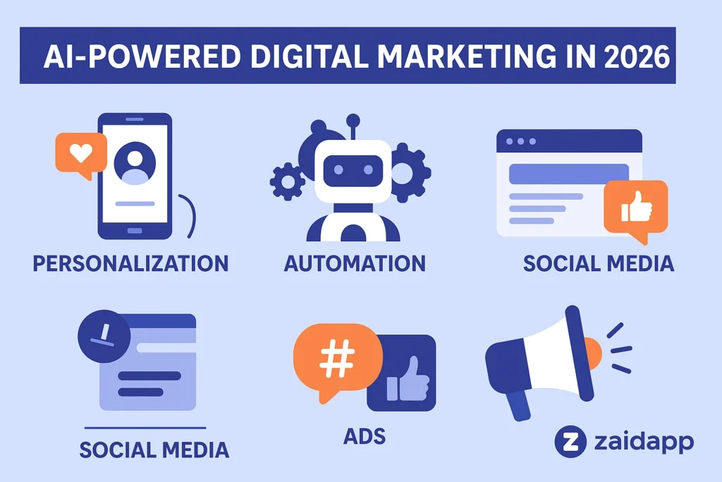 AI in 2026 infographic showing AI-powered digital marketing, highlighting personalization, automation, social media management, and advertising strategies